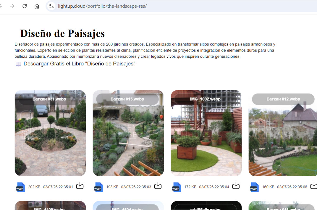 Lightup.cloud public portfolio gallery screenshot showcasing creative works with downloadable files and optional watermarks. Professional portfolio page featuring contact information, books, and additional materials