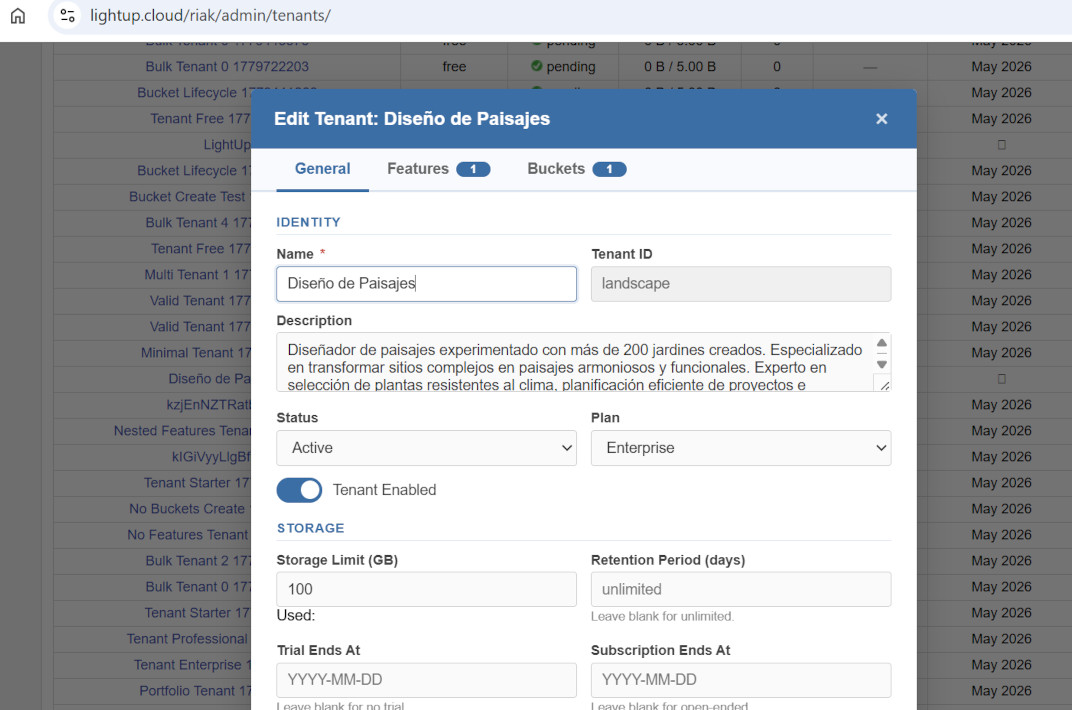 Lightup.cloud tenant editing page screenshot - Admin panel for managing tenant settings. Shows storage limit adjustment, retention period for deleted files, subscription expiry date, and available features.