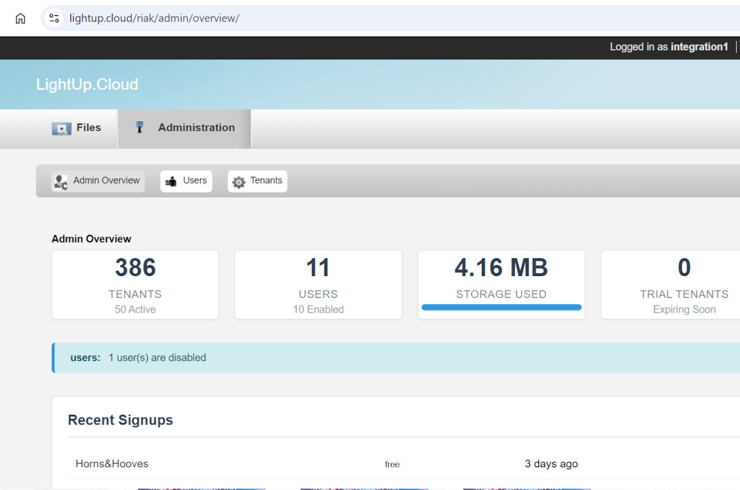 Lightup.cloud administrative interface screenshot