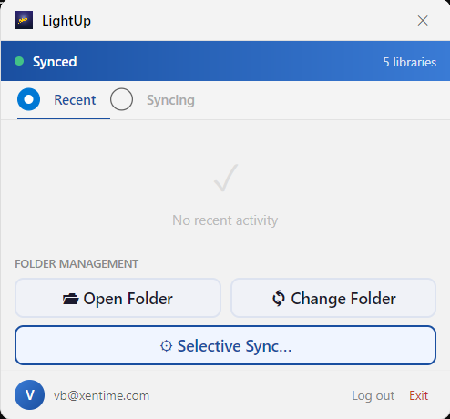 The modern cross-platform LightUp desktop application built with Avalonia: a compact window showing five synced libraries, a Recent tab reporting no recent activity, and folder-management actions including Open Folder, Change Folder and Selective Sync.