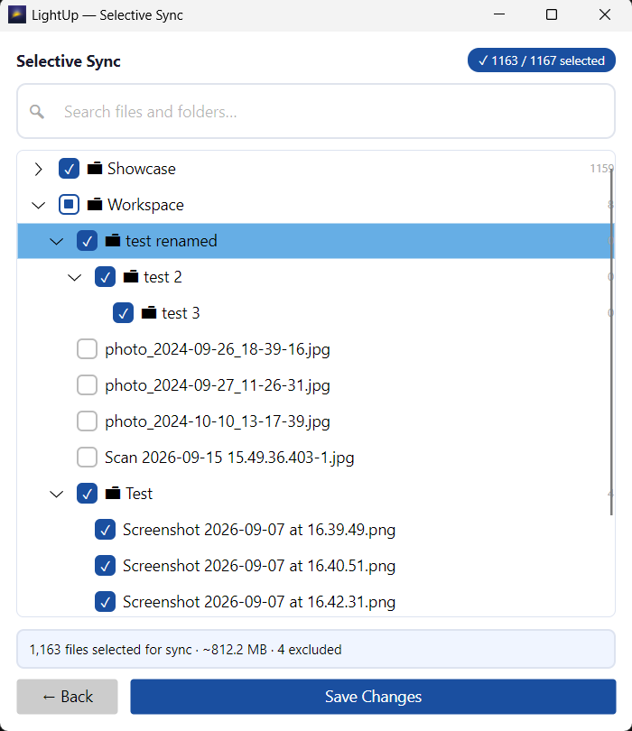 The redesigned Selective Sync window in LightUp: a searchable, tri-state checkbox tree of libraries and folders with 1,163 of 1,167 items selected, showing nested workspaces and photo files, a size summary of about 812 MB, and Back and Save Changes buttons.