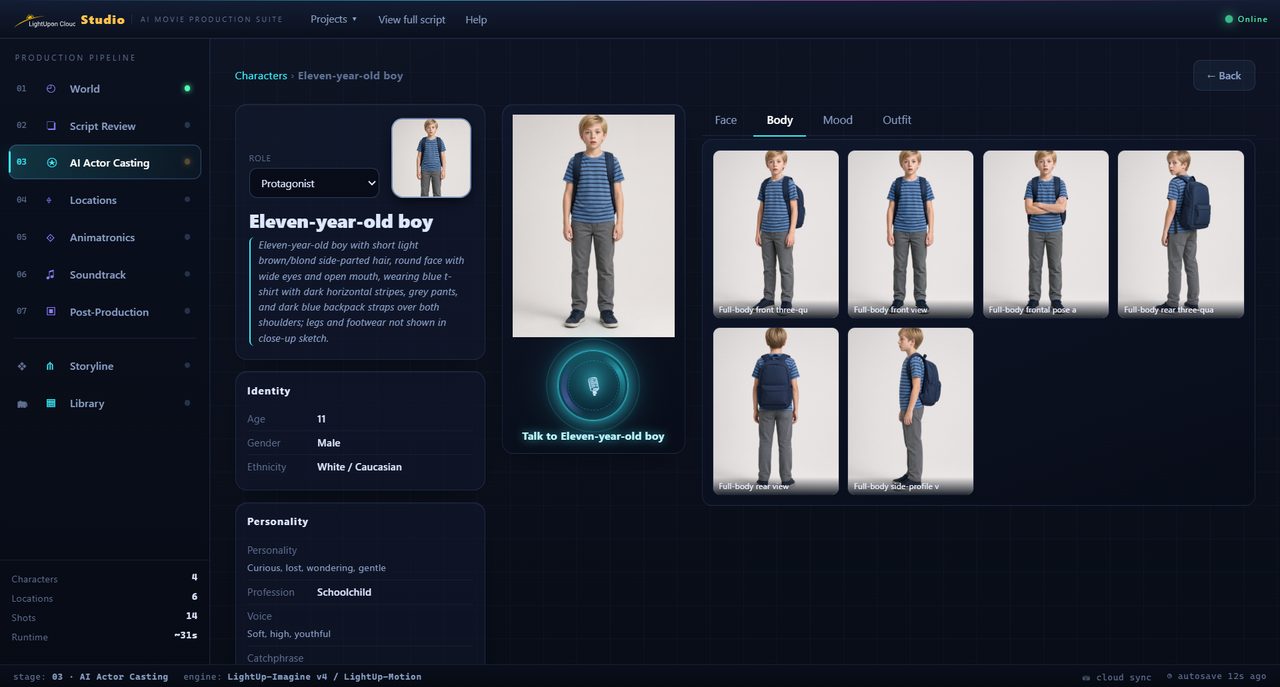 LightUp Studio AI actor casting — the protagonist's reference portrait and full-body views