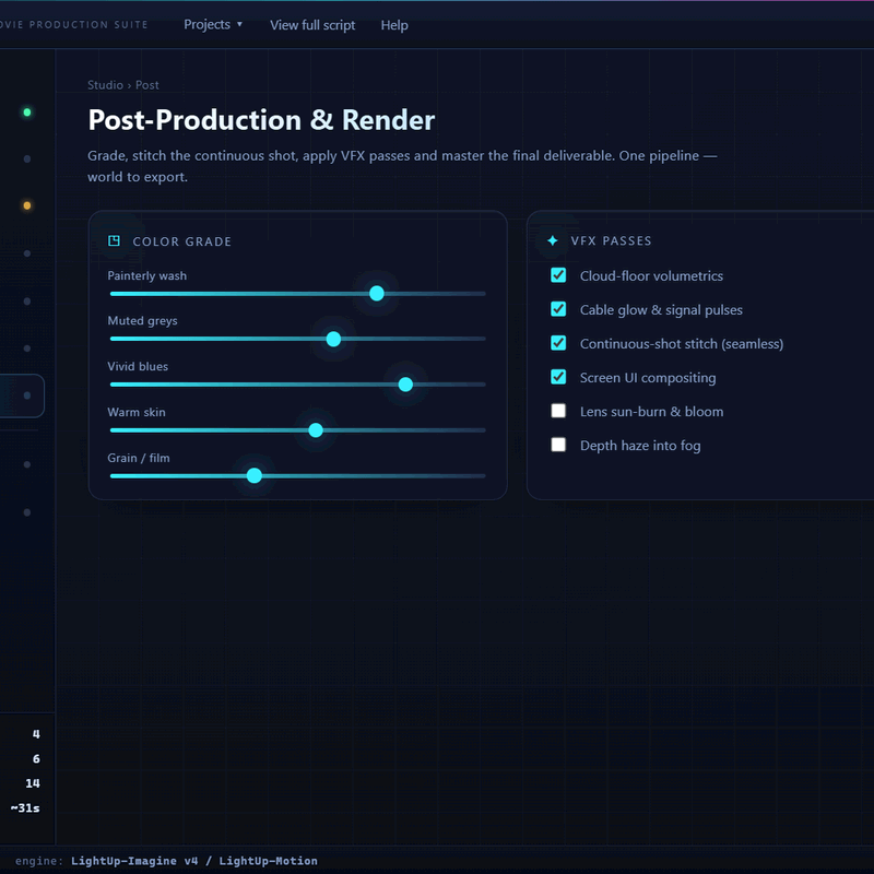 Post-production and render: color grade, VFX passes and 4K master output