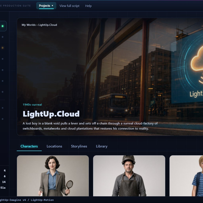 LightUp Studio world builder with cinematic hero and AI character cast