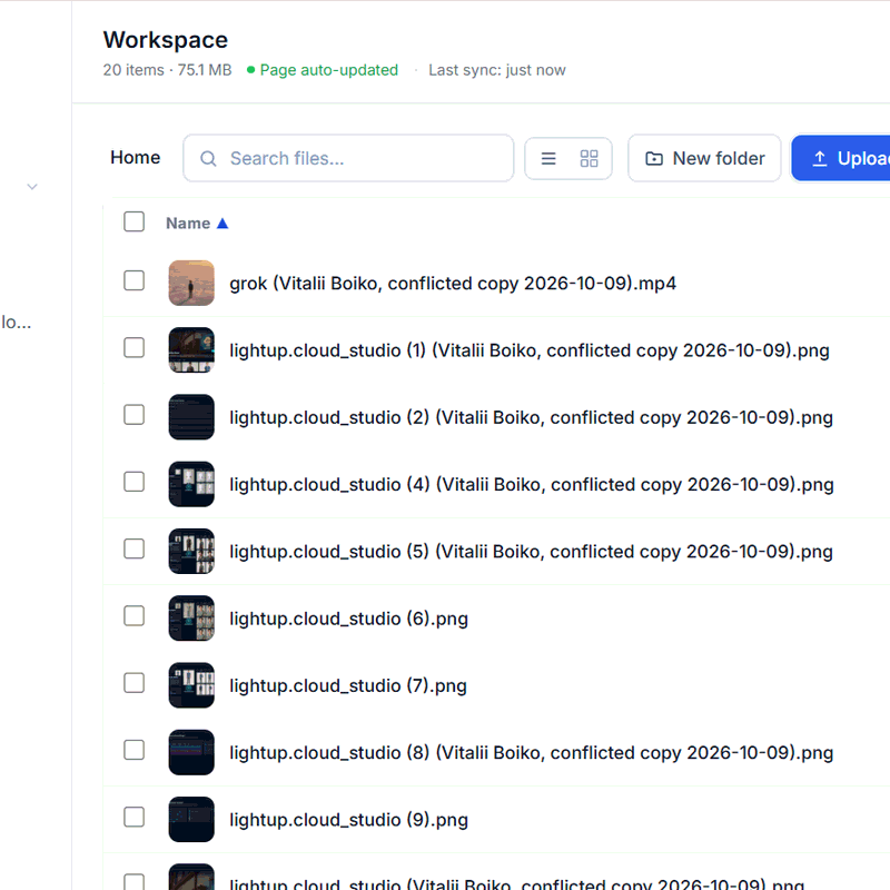LightUp.Cloud workspace: secure file management with upload, folders and version sync